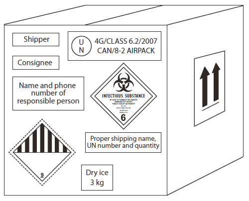 La figura es un diagrama de un paquete para envío con los rótulos correspondientes para una sustancia infecciosa de la categoría A en estado líquido.